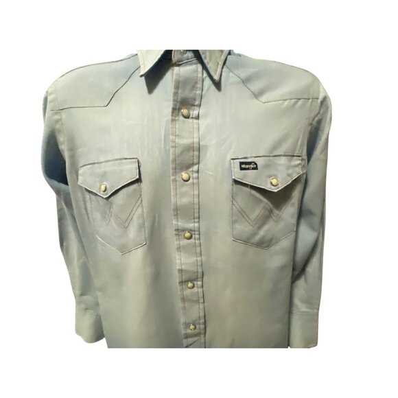 Wrangler Vintage Mens Extra Long Tails Shirt Size 15.5 Pearl Snap Blue Faded USA - Picture 9 of 16